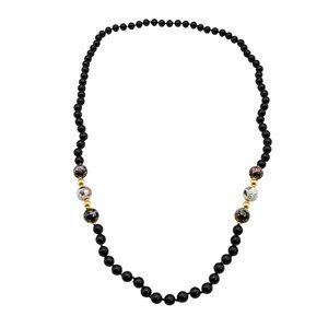 Vintage Black Onyx 12K Yellow Gold and Cloisonné Bead Necklace 31 Inches